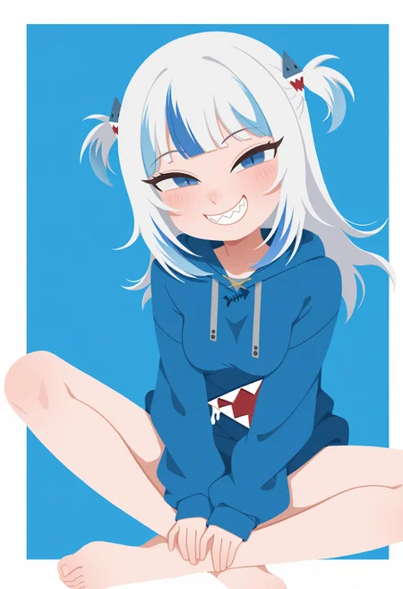 masterpiece, best quality, good quality, flat color, no lineart, simple background, blue background, white border, outside border, looking at viewer, blue eyes, slit pupils, grin, sharp teeth, smug, fang, narrowed eyes, grey hair, streaked hair, blue streaks, blunt bangs, gawr gura, solo, 1girl, two side up, medium breasts, blue hoodie, sitting, indian style, crossed ankles, barefoot