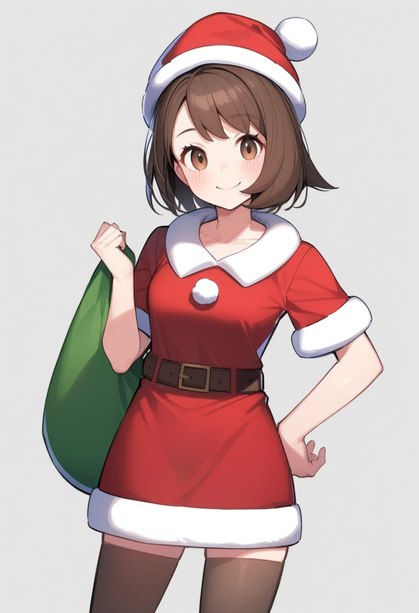 masterpiece,best quality,very aesthetic,absurdres,<lora:gloria_(pokemon):1>, 1girl, fur-trimmed_dress, full_body, santa_hat, split_mouth, hand_up, blush, red_footwear, simple_background, closed_mouth, smile, short_sleeves, red_dress, holding_sack, gloria_\(pokemon\), santa_costume, solo, boots, eyelashes, highres, collarbone, alternate_costume, happy, red_hat, white_background, belt