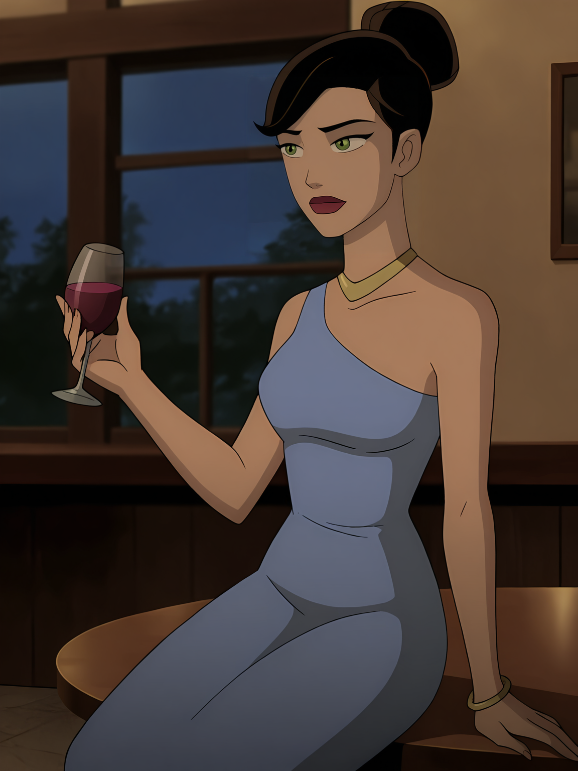 <lora:Rebecca_Holiday:0.8>, rebecca_holiday, 1girl, solo, green eyes, brown hair, hair bun, red lips, gold necklace, blue dress, evening gown, sitting, on table, holding cup, wine, restaurant, night, window