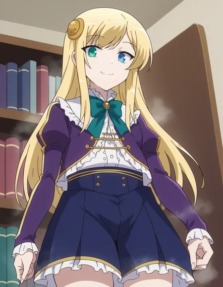 score_9, score_8_up, score_7_up, source_anime, <lora:yumina-belfast-urnea-s2-ponyxl-lora-nochekaiser:1>, yumina belfast urnea, long hair, blue eyes, blonde hair, hair ornament, green eyes,, skirt, thighhighs, purple sleeves, frills, white skirt, skirt, blue skirt, frilled skirt, bowtie, green bowtie, frilled center, bookstore, browsing shelves, new book smell, finding a favorite, quiet atmosphere, smile, from below, looking at viewer, solo,, dutch angle, cowboy shot