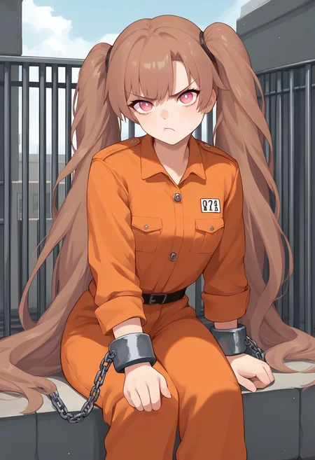 score_9, score_8_up, score_7_up, source_anime BREAK 1girl, solo, <lora:miranda-nikke-richy-v1_pdxl:1> mrndnkk, pink eyes, brown hair, twintails, very long hair, bangs, orange jumpsuit, prison clothes, prisoner, shackles, standing, outdoors, looking at viewer, pout, sitting