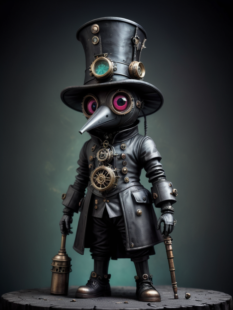 High quality macro photo of a dystopian futuristic plague doctor, Top hat, dystopian 17th century London, full body, Science fiction kawaii, <lora:drkkaw-V2_epoch_5:0.6>