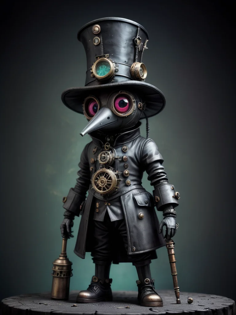 High quality macro photo of a dystopian futuristic plague doctor, Top hat, dystopian 17th century London, full body, Science fiction kawaii, <lora:drkkaw-V2_epoch_5:0.6>