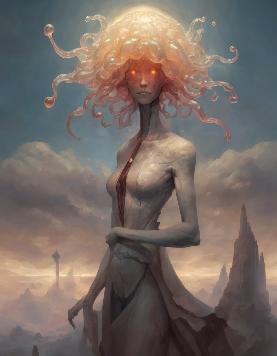 <lora:ptm0-000007:0.9>ptm0 a painting of a woman without a face made out of stone with a light in her hand and jellyfish in the background, with a sky background, Art of Brom, magic the gathering artwork, an ultrafine detailed painting, fantasy art surreal beksinkski