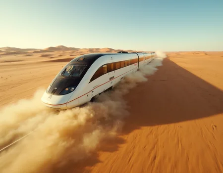 Luxury white and steel train passing through fast in the hot arid dessert, modern and art deco inspired, sand dunes,  sun, cinematic,  <lora:CinematicStyleFlux_v1:1>