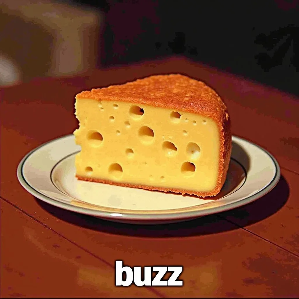 image of chees on plate on table, deep fried meme, <lora:deep-fried-memes:1> bottom text "buzz", low quality, jpeg compression, saturated colors, distortion,