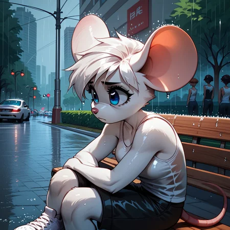 score_9, score_8_up, score_7_up, anime style, anthro mouse, B3ck13M0us3, Sitting on park bench, city street, white tank top, black shorts, white shoes, raining, soaked, sad, From side, close up,