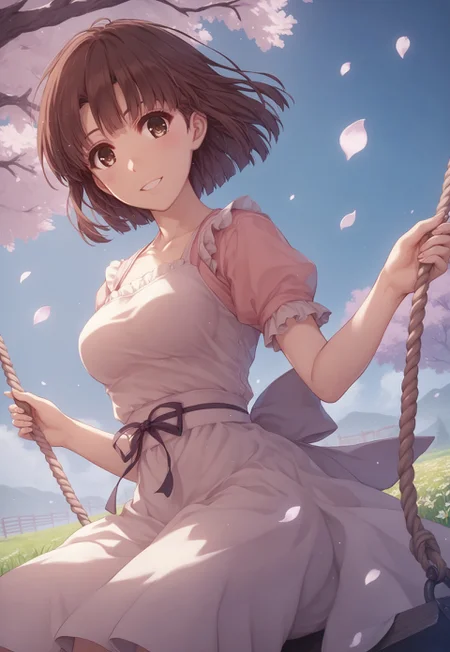 safe_pos, score_9, score_8_up, score_8, score_7_up, score_7, source_anime,
1girl, katou megumi, Megumi <lora:KatoMegumi:1>,brown hair,katou megumi,brown eyes, short hair , medium breasts, solo, Looking at viewer, masterpiece, best quality, spring picnic theme, cherry blossom trees in full bloom, sitting on a wooden swing tied to a large sakura tree, wearing a light pink sundress with floral patterns, petals falling gently in the breeze, soft smile, sunlight filtering through the blossoms, lush green grass and flowers in the background, pastel tones, whimsical and dreamy atmosphere, slightly tilted perspective, cinematic lighting, ((fingers fix))