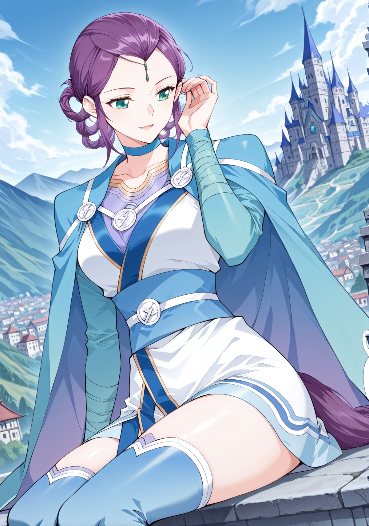 <lora:Feng_Qing_Er__Battle_Through_the_Heavens__Illustrious:1>
1girl, solo, purple hair, braided bun with hair tail, hair rings, hair bun, side bangs, forehead jewel, green eyes, anime style, blue and white outfit, oriental dress, short dress, battle robe, split sleeves, shoulder cape, high collar, gold accents, sash belt, blue thighhighs, thigh-high boots, zigzag trim, symbol buttons, gemstone accessory, martial artist, blue choker
score_9, score_8_up, score_7_up, very aesthetic, source_anime, detailed, high quality, beautiful, masterpiece, detailed eyes, castle, village, blurry background, cityscape, pose dynamic angle, light smile, open mouth, hand on hair, sitting, <lora:iLLMythG0thicL1nes:1>