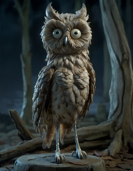 stopmotion, Civetta: Owl-like, Shapeshifting, Guardian, Wise, Nocturnal, Watchful, Mystic, Omen. <lora:STOPMO_1.12_RC:0.9>