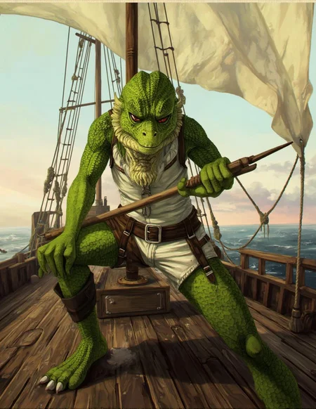<lora:ck-LttleGhost-000011.safetensors:1> in the style of ck-lttlegh0stA green-scaled lizard sailor, muscular and imposing, poses on a weathered wooden ship's deck, clad in worn leather harness and shorts. The background features intricate rigging and billowing white sails, set against a soft pastel-hued horizon evoking a nostalgic 19th-century maritime atmosphere.