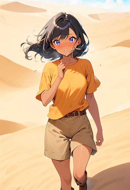 <lora:more_details:1>, drawn by master artist, tan skin, beautiful detailed skin, beautiful eyes, best quality, high quality, vivid colors, everything in sharp focus, very long black hair styled straight, dark blue eyes, full body, 
Protecting eyes with hand, outdoors, loose orange cotton tshirt, (brown shorts), orange and white baseball cap, brown belt,  brown boots, sweat,  dolly shot, medium breasts, sandy desert, large sand dunes, lens flare, , raging sandstorm, hair blowing in wind, sand blowing in wind, struggling to walk through sand storm