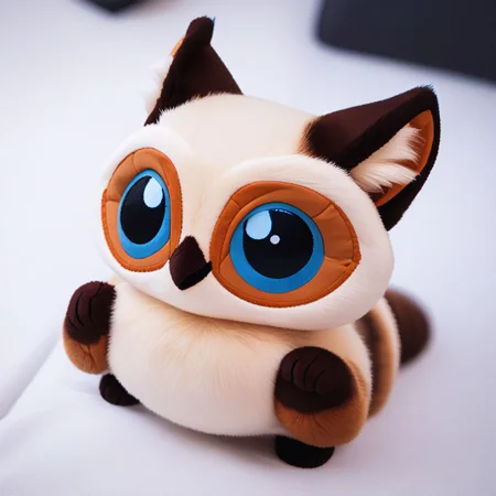 score_9, score_8_up, score_7_up, pikaole, no humans, animal focus, (Siamese cat, owl:1.05), fur, full body, solo, blurry background, (plush doll:0.8), cute, rating_safe, source_furry, pikaole, source_photorealistic