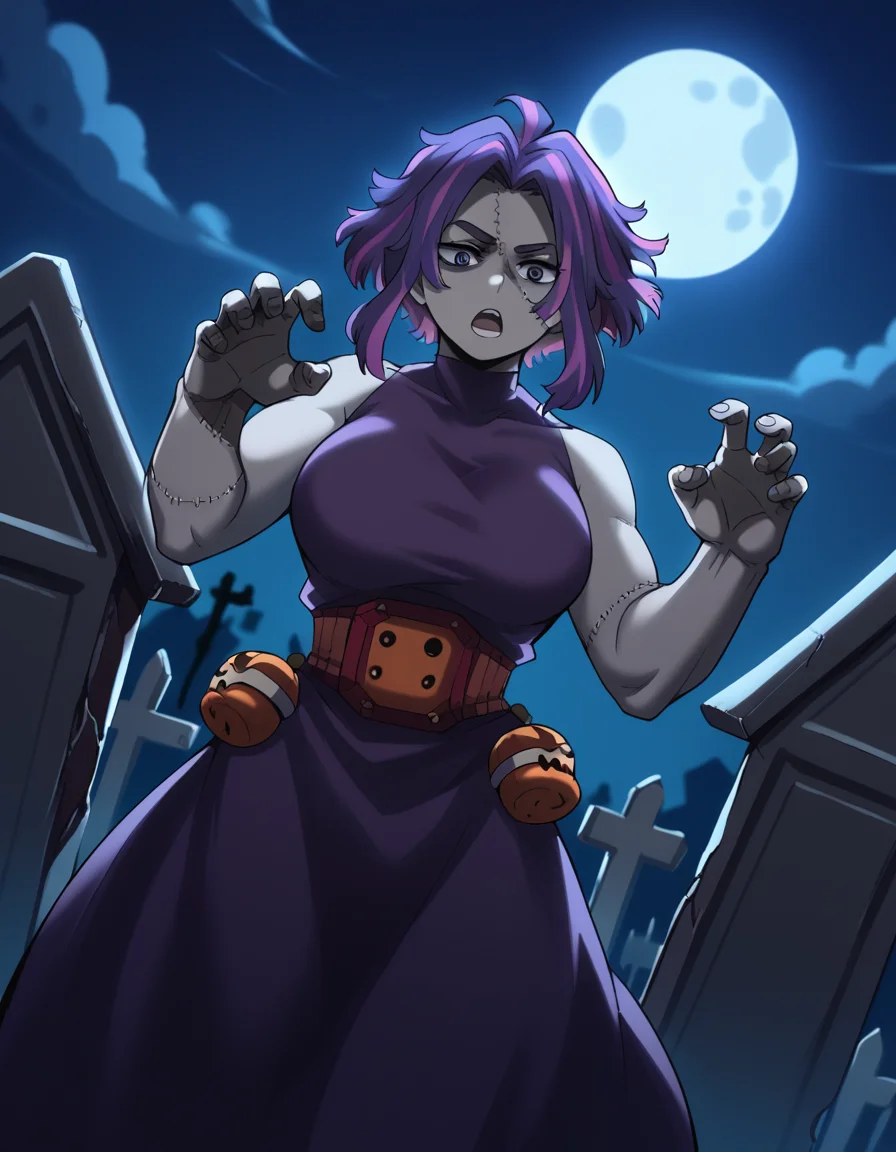 score_9, score_8_up, score_7_up, source_anime, <lora:kaina-tsutsumi-s5-ponyxl-lora-nochekaiser:1>, kaina tsutsumi, purple hair, pink hair, streaked hair, purple eyes, short hair, parted bangs, large breasts,, <lora:zombie-ponyxl-lora-nochekaiser:1>, zombie, colored skin, stitches, grey skin, multicolored skin, stitched face, zombie pose, halloween, halloween costume,, night, moon, graveyard, tombstone, grave, open mouth, , dutch angle, cowboy shot