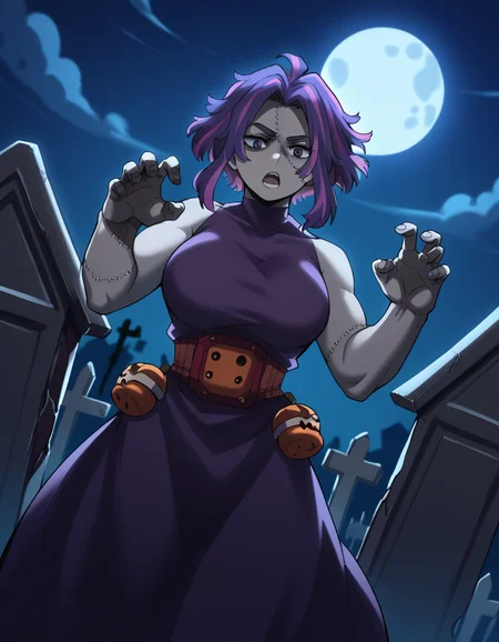 score_9, score_8_up, score_7_up, source_anime, <lora:kaina-tsutsumi-s5-ponyxl-lora-nochekaiser:1>, kaina tsutsumi, purple hair, pink hair, streaked hair, purple eyes, short hair, parted bangs, large breasts,, <lora:zombie-ponyxl-lora-nochekaiser:1>, zombie, colored skin, stitches, grey skin, multicolored skin, stitched face, zombie pose, halloween, halloween costume,, night, moon, graveyard, tombstone, grave, open mouth, , dutch angle, cowboy shot