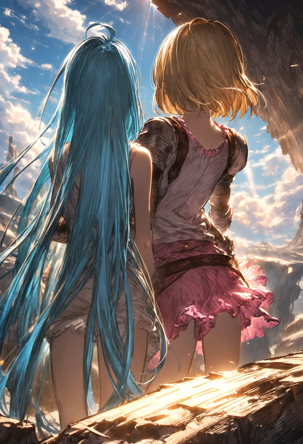 best quality, aesthetic,,
blue sky, cloudy sky, cloud, sunlight, lens flare, ruin, landscape,
2girls, yuri, sitting on a rock, from behind, hand on waist,
djeeta \(granblue fantasy\), medium breasts, blonde hair,
lyria \(granblue fantasy\), very long hair, blue hair, small breasts, skinny,
<lora:JitaRuri-XL:1> jitaruri, (sketch:0.5), shoulder armor, gauntlets,