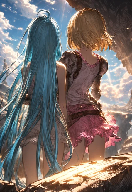 best quality, aesthetic,,
blue sky, cloudy sky, cloud, sunlight, lens flare, ruin, landscape,
2girls, yuri, sitting on a rock, from behind, hand on waist,
djeeta \(granblue fantasy\), medium breasts, blonde hair,
lyria \(granblue fantasy\), very long hair, blue hair, small breasts, skinny,
<lora:JitaRuri-XL:1> jitaruri, (sketch:0.5), shoulder armor, gauntlets,