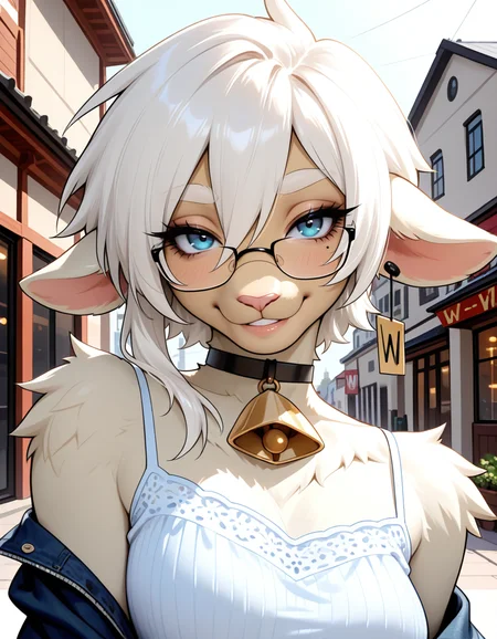 masterpiece, best quality, very aesthetic, absurdres,
outdoors, casual, 
upper body, posing, 
 seductive smile, parted lips, long eyelashes,
 <lora:Wilma_v01_NAIXL:1>
W11m4,1girl,solo,furry,furry female,animal ears,earrings,ear tag,white hair,short hair,hair between eyes,blue eyes,glasses,snout,mole under eye,animal nose,black choker,neck bell,body fur,white fur,tail,hooves,