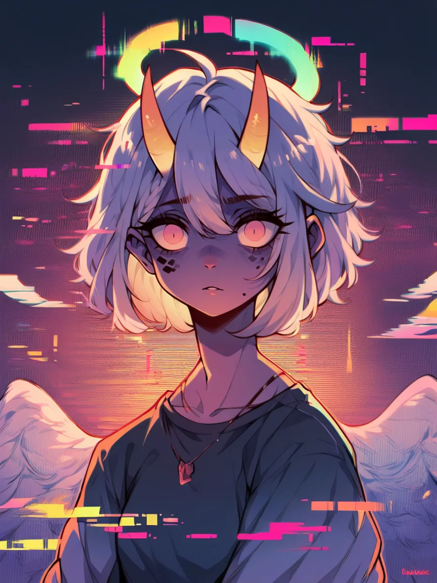 score_9, score_8_up, score_7_up, score_6_up, score_5_up, score_4_up, <lora:gl1tchXLP:1> gl1tch, 1girl, glitch, portrait, angel, horns, noise, curvy, pinup,