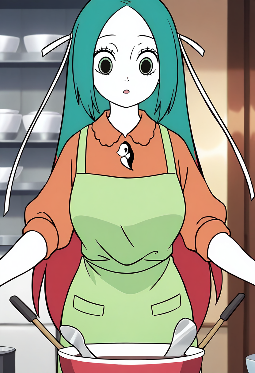 <lora:jingwei:1>,jingwei,1girl,solo,long hair,multicolored hair,red hair,green hair,hair ribbon,white ribbon,black_pulpil,white skin,
 green apron, shirt,, masterpiece,best quality,amazing quality,absurdres, anime screenshot,