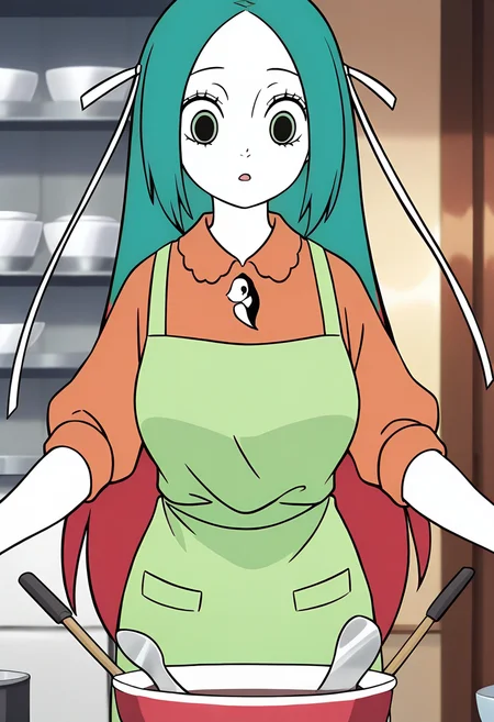 <lora:jingwei:1>,jingwei,1girl,solo,long hair,multicolored hair,red hair,green hair,hair ribbon,white ribbon,black_pulpil,white skin,
 green apron, shirt,, masterpiece,best quality,amazing quality,absurdres, anime screenshot,
