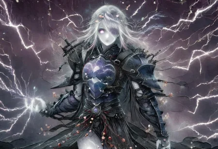 (Masterpiece:1.3), (best quality:1.2), (detailed background:1.1), (intricate details:1.1), (detailed background:1.2), 1girl, solo focus, standing, perfect anatomy, 
bleakfaith,
source_anime, night sky, dark cloud background, sky background, thunder on background, only purple lightning, purple sparks,
BREAK
watercolor, chinese,traditional,
BREAK
(purple hair:1.2),(pale skin:1.3), (white skin:1.5),1girl,solo, mysterious, vivid color, shiny, (short purple hair), bob cut hair, purple eyes,glowing purple pupils, human ears, sparks from one eye,
laugh arrogantly,
BREAK
Clothes(dark suit,armor, lion chest plate), lightning, dark purple thunder, chinese style, 
spraks in hand,
BREAK
looking at the viewer, front view, full view,
best quality, ultra-detailed, absurdres, detail face, best quality, hires textures, high detail, (4k),incredibly detailed
NegativeDynamics,
