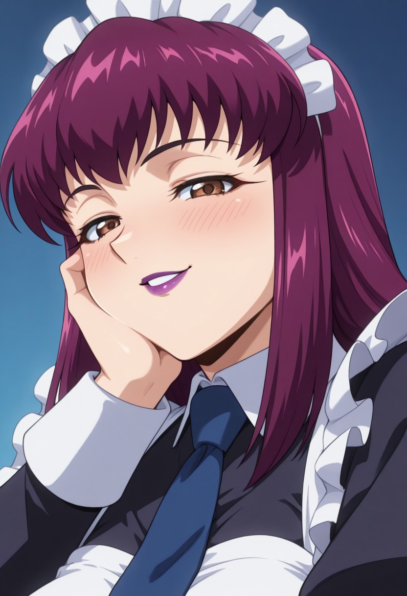 1girl,solo,cute,
Yayoi Hibino purple hair, long hair, brown eyes, purple lipstick
maid, maid apron, maid headdress, blue necktie
ara_ara_face, gentle_smile, half-closed_eyes, warm_eyes, teasing_smile, slight_blush, soft_gaze, seductive_look, maternal_expression,motherly, onee-san, onee-sama,hand in own cheek
looking at viewer,portrait
Simple blue background,(soft focus:1.3), 
masterpiece, amazing quality, best quality, ultra-detailed, 8K, illustration, CG, shiny hair, clear skin, ultra-detailed-eyes, eyelashes, highly detailed,