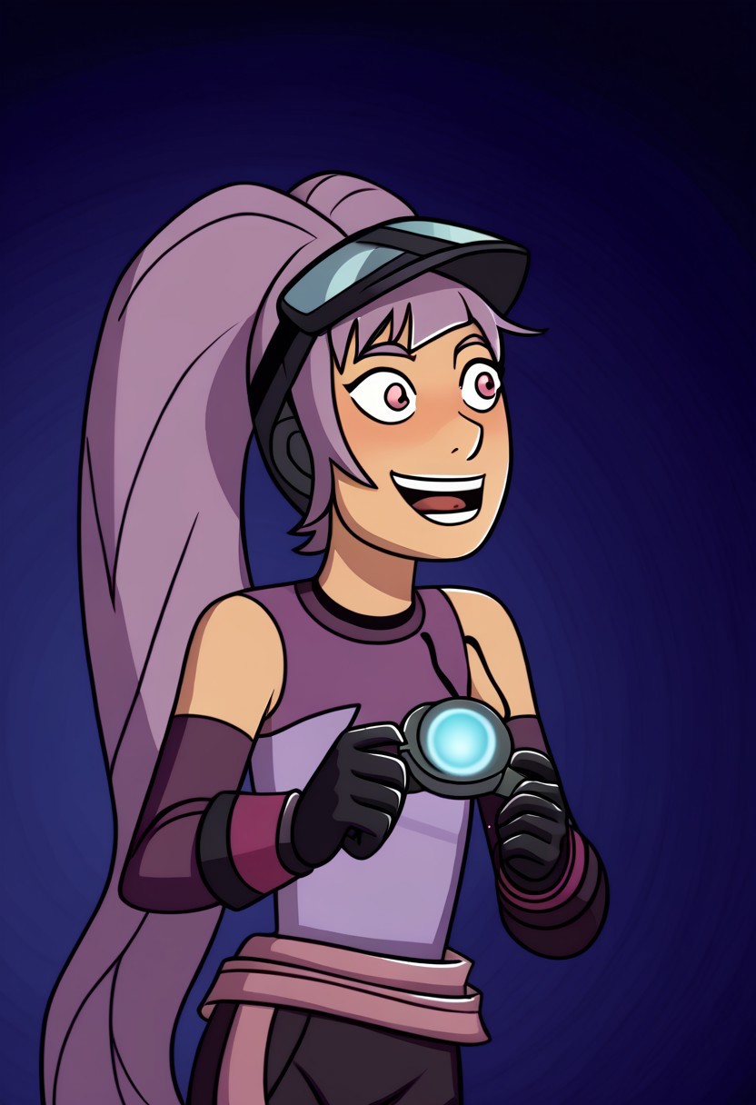 ((flat colour, solo,)), CHEntrapta, Entr Outfit, Welding Mask on Head, solo, excited, dark room,