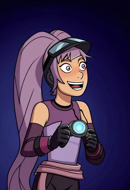 ((flat colour, solo,)), CHEntrapta, Entr Outfit, Welding Mask on Head, solo, excited, dark room,