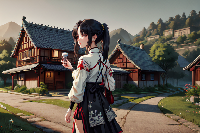highly insanely detailed, masterpiece, top quality, best quality, highres, 4k, 8k, RAW photo, (very aesthetic, beautiful and aesthetic),  
(code_style,codestyle),traditional chinese text, 
<lora:CodeStyle (half generic class)_564920:0.8>, 
(1girl:1.3), 1other, 
(countryside town) , twilight,salt and pepper background,âââ