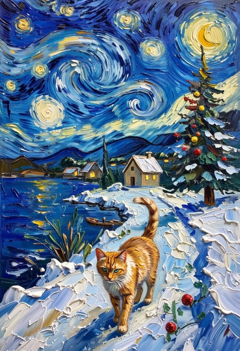 An oil painting shows heartwarming Christmas scene, lovely warmth colors, gold white cat walking on path, snow and ice and a frozen lake, Christmas tree in background, background is the star night from the painting Van Gogh, oil brush
