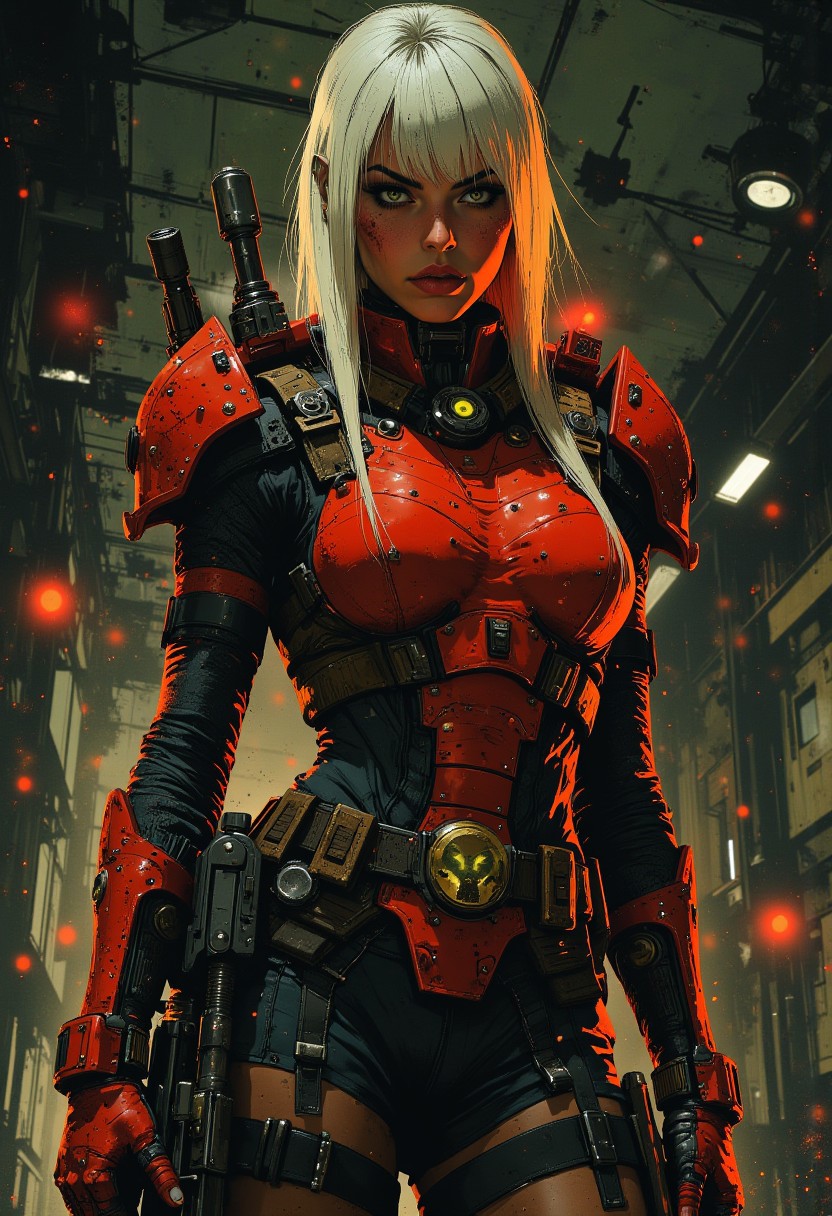 female space pirate in red and black power armour, helmet based on an alien skull, long straight-cut white bob, bangs, dramatic make-up, holding assault rifle, in fortress stronghold, dynamic image, cinematic, mythp0rt