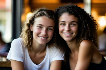 In an endearing close-up photograph, two close young european girls, with radiant smiles and sparkling eyes, sitting in a cafe and looking directly at the viewer. The genuine bond between them is evident in their warm expressions. The background, beautifully blurred through a high depth of field, accentuates the focus on their heartfelt connection. Captured in a Photographic style with a 50mm prime lens, ensuring exquisite facial details and a natural perspective that brings out the authenticity of their friendship.  <lora:faces_v3:1.4>