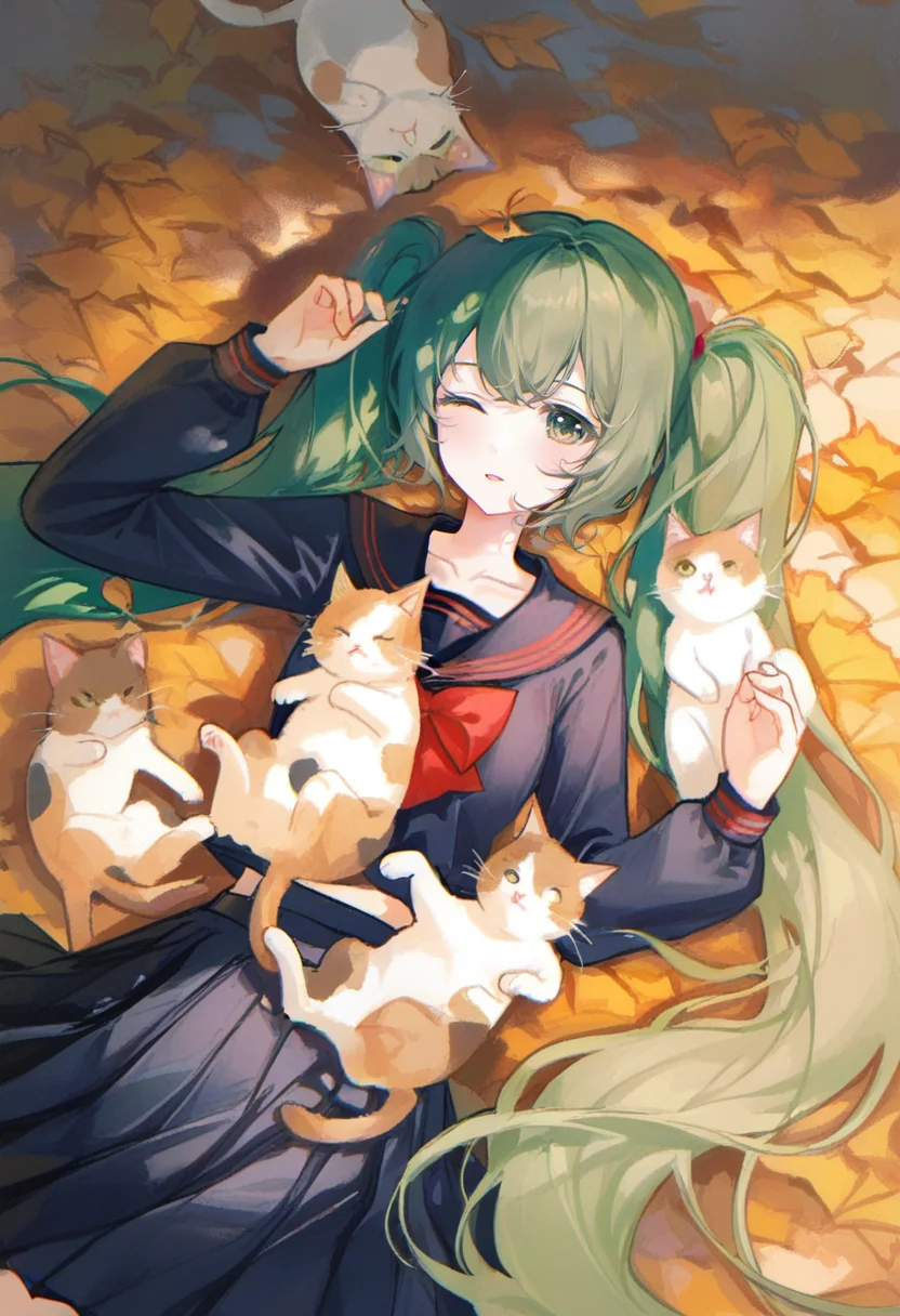 1girl, cat, long hair, hatsune miku, twintails, school uniform, lying, green hair, one eye closed, on back, very long hair, green eyes, serafuku, solo, long sleeves, sailor collar, leaf, shirt, autumn leaves, animal, skirt, bangs, autumn, red bow, bow <lora:matchaXL_il_lokr_V531:0.95>