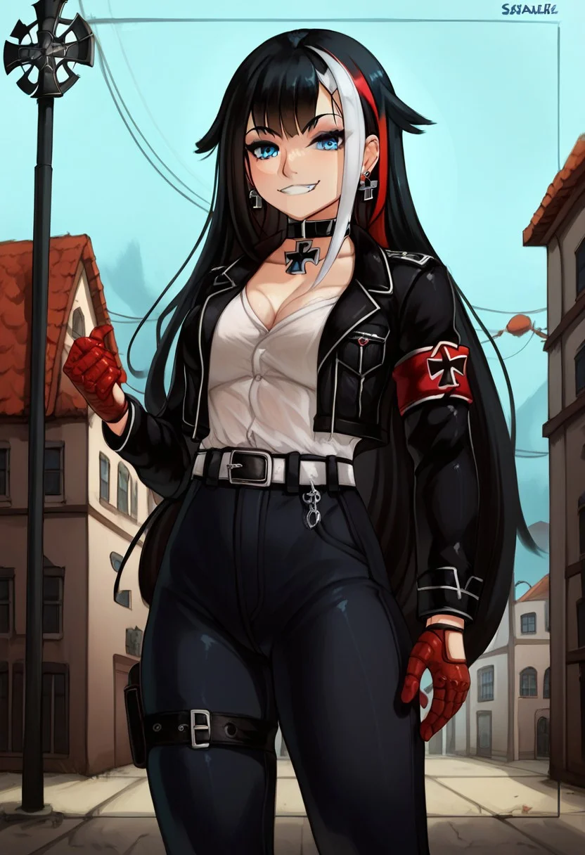 score_9, score_8_up, best quality, seraziel, Black Hair, Long hair, Streaked Hair, Multicolored Hair, Blue Eyes, 1girl, very aesthetic, masterpiece, 8k, black miniskirt, thighs, thick thighs, deutschland, iron blood \(emblem\), military clothes, military uniform, camo pants, belt, belt bucle, white shirt, german jacket, 1 red armband, (goth:0.9), black eyeshadow, colored inner hair, choker, iron cross choker, iron cross, cross earrings, iron cross earrings, five fingers, perfect hands, ultra-detailed, aesthetic, illustration, intricate details, absurdres, (hires textures: 1.4), (best quality, high detail:1.4), (incredibly detailed:1.4), detailed face, perfect skin, perfecteyes, solo, (muscular female:0.4), (athletic body:0.8), five fingers, perfect hands, solo, smug, street, outdoor,