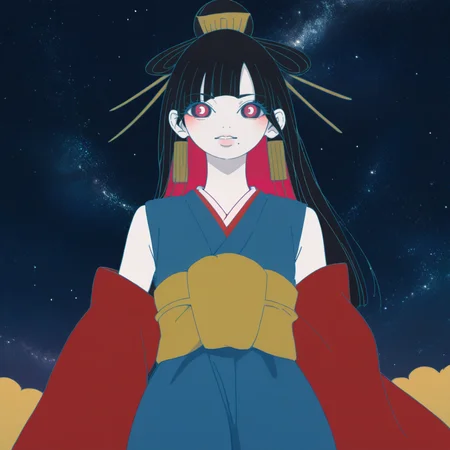 magical masterpiece, score_9, score_8_up, score_7_up, score_6_up, score_5_up BREAK t1u5, 1girl, mole under mouth, colored sclera, pink eyes, symbol-shaped pupils, long hair, black hair, blue kimono, sleeveless, earrings, hair stick, hime cut, sidelocks, hair ornament, colored inner hair, yellow obi, red sleeves, detached sleeves, cowboy shot, pale skin, looking at viewer, solo, <lora:tukiGirlPDXL16v0.95cametx1-000008:0.8>, detailed panorama blending the pointillism of Seurat with the vivid color palette of Van Gogh, celestial dreamscape, intricate starry sky background