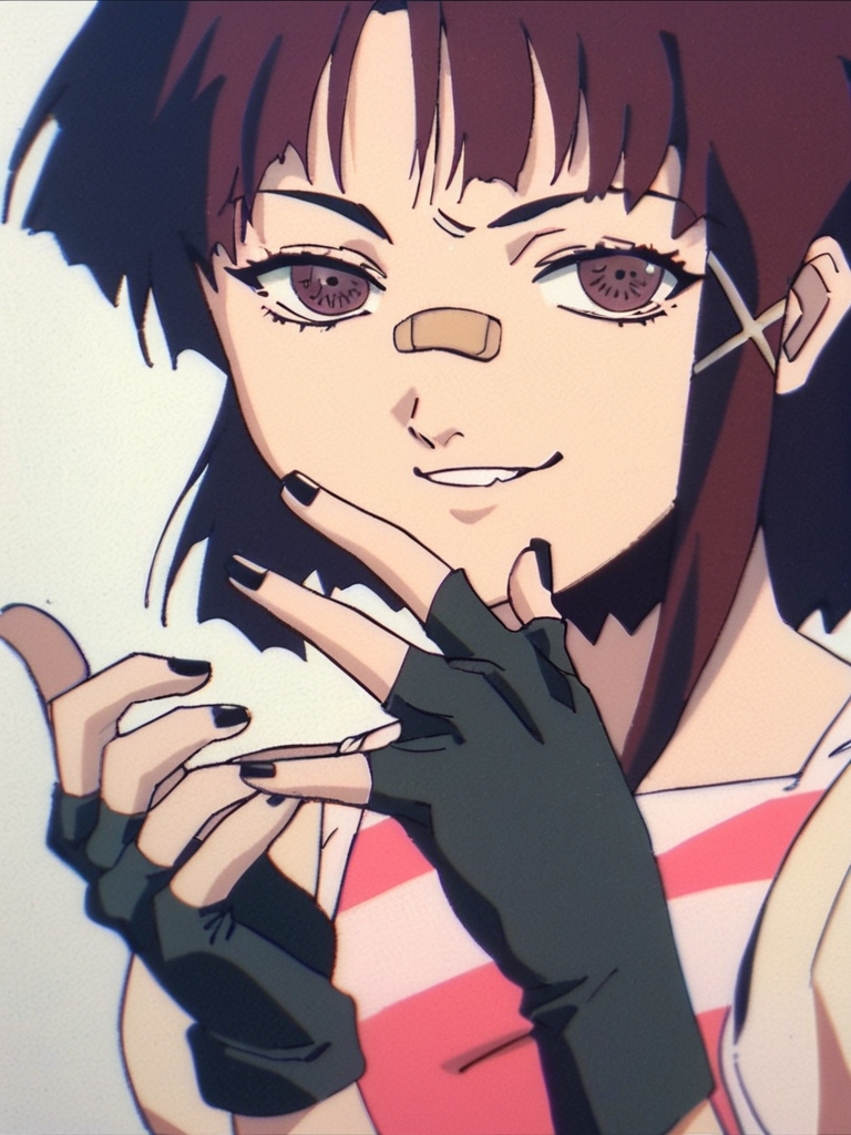 score_9, score_8_up, score_7_up, score_6_up, score_5_up, score_4_up, source_anime, rating_questionable, <lora:Lain_PonyXLv3:1> Lain, 1girl, solo, anime screencap, small breasts, gloves, bandaid on face, fingerless gloves, smug, looking at viewer, black gloves, black nails, nail polish, night club,
