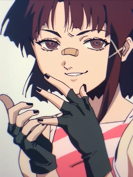 score_9, score_8_up, score_7_up, score_6_up, score_5_up, score_4_up, source_anime, rating_questionable, <lora:Lain_PonyXLv3:1> Lain, 1girl, solo, anime screencap, small breasts, gloves, bandaid on face, fingerless gloves, smug, looking at viewer, black gloves, black nails, nail polish, night club,