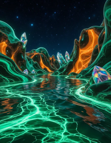 A glowing lagoon on an alien planet, surrounded by marble-like cliffs that shift colors between emerald green, cobalt blue, and fiery orange under the bioluminescent starlit sky. The water ripples with glossy, liquid marble patterns, reflecting the dazzling constellations above. Iridescent crystals grow out of the cliffs, casting a kaleidoscope of light onto the lagoonâs surface, creating the illusion of a living, breathing body of liquid glass.
<lora:ral-lqdmrbls-flux_000004000:1>