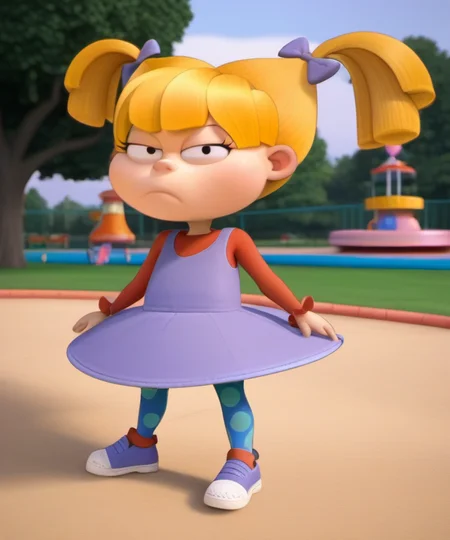 1girl, ang2021, official style, looking at viewer, scowl, child, blonde hair, twintails, dress, bow, shoes, hair bow, short twintails, pantyhose, park playground, <lora:ang2021>,