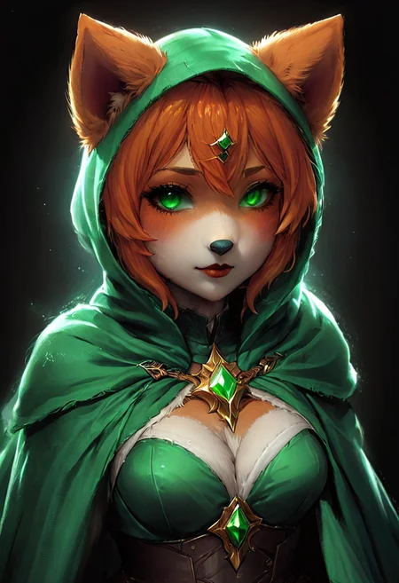 aclchibi, chibi, suurin, animal ears, tail, (emerald) hair, (orange) fur, furry female, body fur, fur, detailed fluffy fur, animal ear fluff, fur pattern, animal nose, snout, canine,  in absolute darkness, profoundly no light, holding black-emerald heart shaped orbstaff, 
pointed hat, translucent skin, Describe the captivating scene captured in the vintage photograph featuring a Bedouin artist skillfully swallowing a massive sword in the style of Final Fantasy, amidst a mesmerized audience. Provide details about the artist's attire, the sword's intricate design, and the expressions of the onlookers as they witness this extraordinary performance., amazing quality, masterpiece, best quality, hyper detailed, ultra detailed, UHD, perfect anatomy, portrait, dof, hyper-realism, majestic, awesome, inspiring, closeup, an weathered outworn old Fantasy cape, smooth, Closeup, by Dring, rust paint peelz, atmospheric haze, cinamatic composition, soft shadows, national geographic style