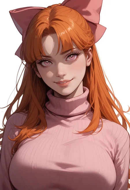 score_9, score_8_up, score_8, score_7_up, score_7, ((close up)), face focus, Expressiveh
BREAK
1girl, solo, Blossom (Powerpuff girls), orange hair, long hair, bow, pink eyes, large breasts, looking at viewer, head tilt, seductive look, aroused, horny, standing, pink turtleneck sweater, light smile
BREAK
white background