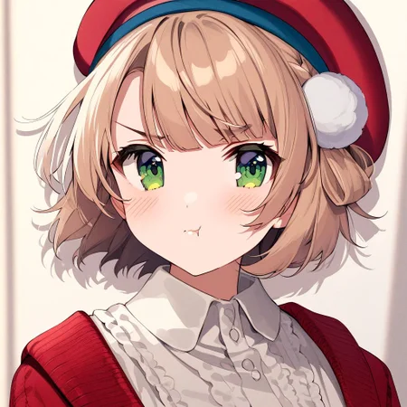 (masterpiece),(best quality),(ultra-detailed),(best illustration),(best shadow),(absurdres),(detailed background), (very aesthetic), looking at viewer, solo, 1girl, shigure ui, brown hair, short hair, green eyes, white casual outfit, red jacket, white colored hair accessory, beret, upper body view, looking at viewer, pout, jealous, on a room, isztoksk