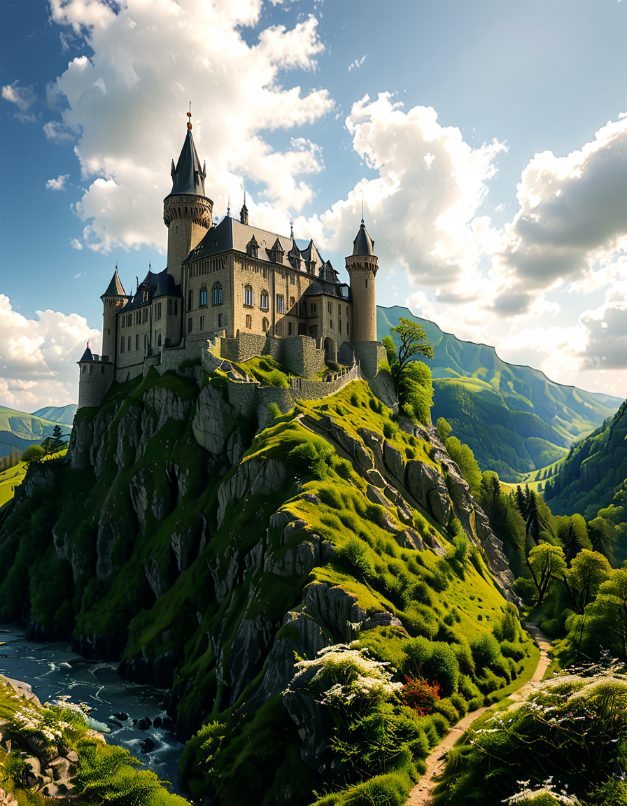 A realistic photograph of a grand medieval castle,medieval c4stl3, perched atop a rugged hill, surrounded by a scenic landscape. The castle is constructed from weathered gray stone, with tall, imposing towers, battlements, and a fortified wall encircling its perimeter. A large central keep rises above the other structures, its windows narrow and arched, evoking a sense of strength and history.
The hill is covered in patches of green grass and rocky outcrops, with a winding dirt path leading up to the castle gates. In the foreground, the surrounding countryside stretches out, dotted with small trees and wildflowers, while in the distance, rolling hills and a faint mist add depth and atmosphere to the scene. The sky above is partly cloudy, with rays of sunlight breaking through, casting dramatic shadows on the castle and hill.
The overall mood is majestic and timeless, capturing the grandeur and mystery of medieval architecture in harmony with its natural surroundings.<lora:SDXLFaeTastic2400:0.4> <lora:extremely_detailed:0.4> extremely detailed, <lora:medieval_c4stl3:1>, Masterpiece,best quality,hi res,8k,hi res,8k,award winning,(sharp focus, intricate, highly detailed),