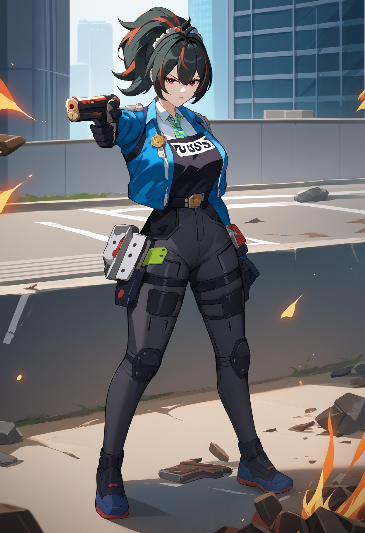 score_9, score_8_up, score_7_up, source_anime, holding weapon, holding gun, handgun, aiming, full body, solo, 1girl, zhu yuan, serious, ponytail, red eyes, police uniform, blue jacket, cropped jacket, open jacket, long sleeves, black gloves, black vest, white shirt, collared shirt, checkered necktie, black pants, tight pants, high-waist pants, large breasts, outdoors, city, debris, fire
<segment:yolo-face_yolov8m.pt,0.4,0.5//cid=1>