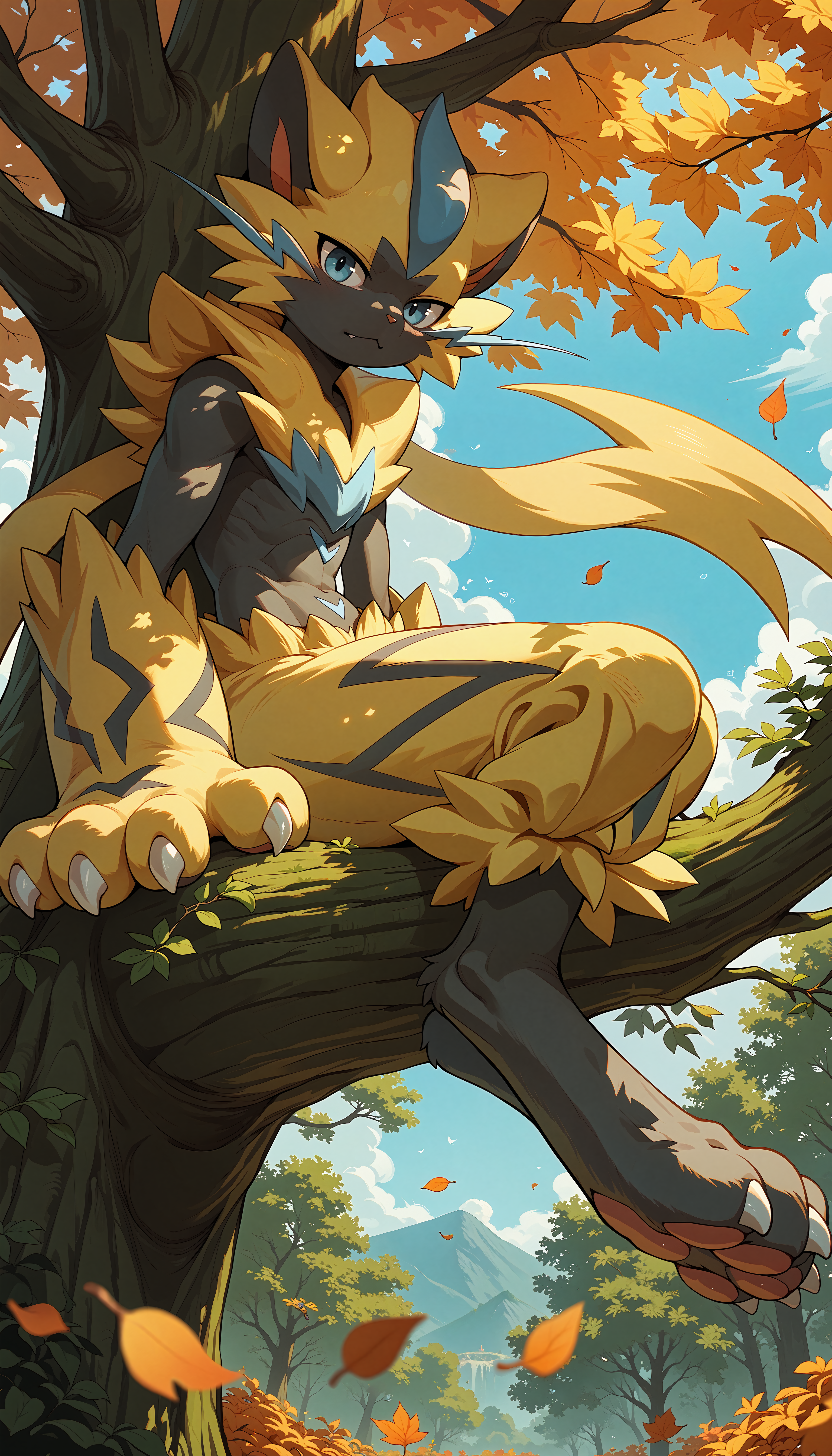 score_9,score_8_up,score_7_up,score_6_up,<lora:StS_PonyXL_Detail_Slider_v1.4_iteration_3:4>,<lora:Zeraora_-_Pokemon_PONY_XL:1>,Zeraora,furry,pokemon (creature),solo,sitting in tree,close up,from below,looking at viewer,falling leaves,wind,leaning on tree,sky,forest,Sunlight,flower,