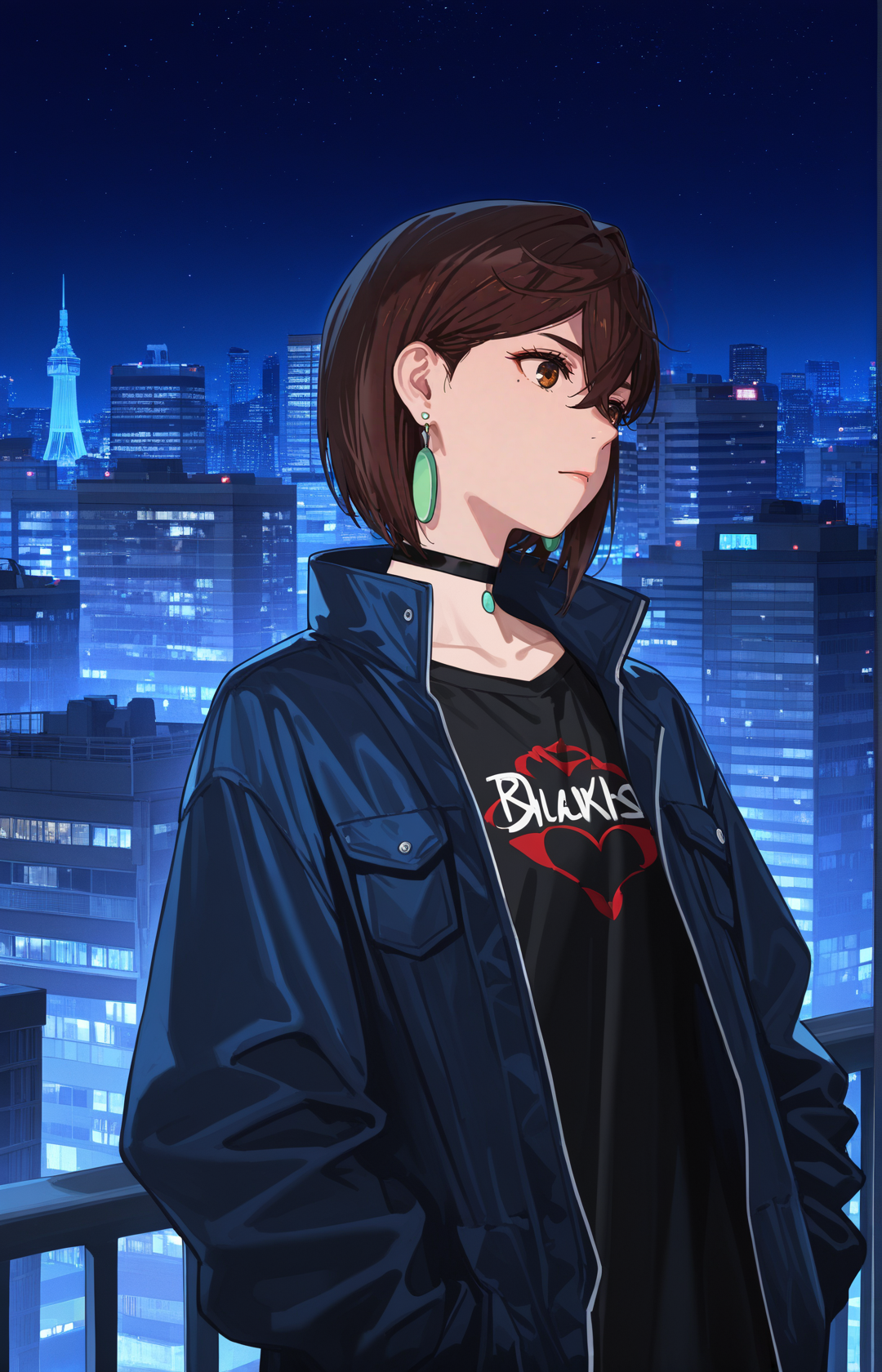 <lora:AyaseMomoCYQL:1>,AyaseMomoCYQL,1girl,solo,brown hair,short hair,brown eyes,jewelry,earrings,choker,black choker,
higuchikaede,jacket,night,outdoors,sky,building,openjacket,openclothes,nightsky,partedlips,handsinpockets,shirt,collarbone,skyscraper,railing,city,cityscape,star(sky),citylights,blackshirt,blackjacket,starrysky,longsleeves,bluejacket,earrings,jewelry,skyline,moleundereye,tower,mole,closedmouth,,
BREAK
<lora:ponyv4_noob1_2_adamW:0.7>,<lora:USNR STYLE_XL_loha:1>,usnr,<lora:MeMaXL4:0.4>,,
perfect quality,high quality,masterpiece,best quality,amazing quality,very aesthetic,absurdres,newest,