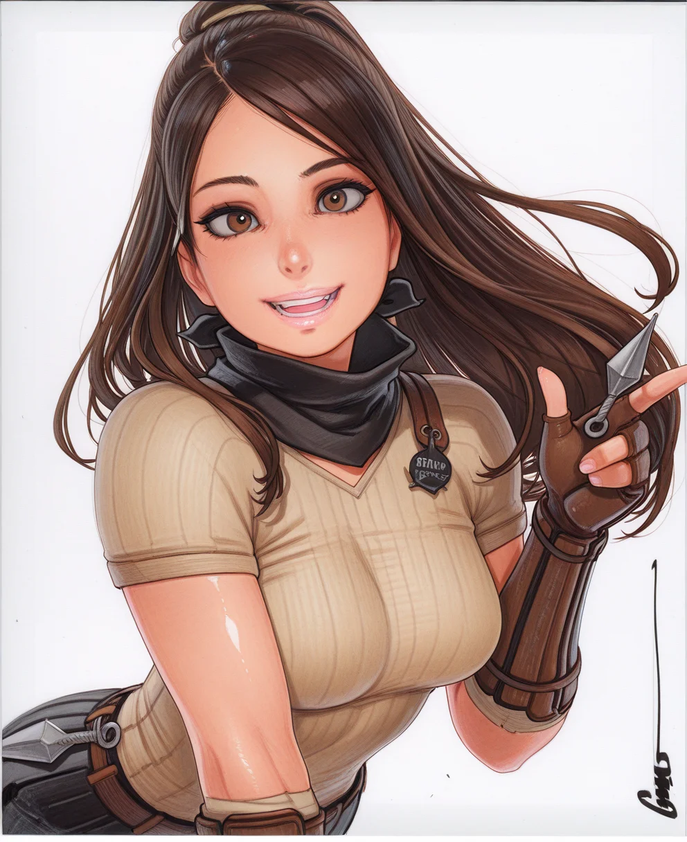 <lora:omar_dogan:1> omar_dogan,
(masterpiece), (best quality), (ultra-detailed), amazing quality, very aesthetic, illustration, perfect composition, intricate details, absurdres, incredibly absurdres, shiny skin, realistic,
omar_dogan, 1girl, solo, gloves, brown eyes, fingerless gloves, long hair, kunai, traditional media, looking at viewer, white background, shirt, smile, ninja, open mouth, breasts, weapon, brown hair, signature, simple background, , black hair, short sleeves, medium breasts, shirt, scarf, sensitive