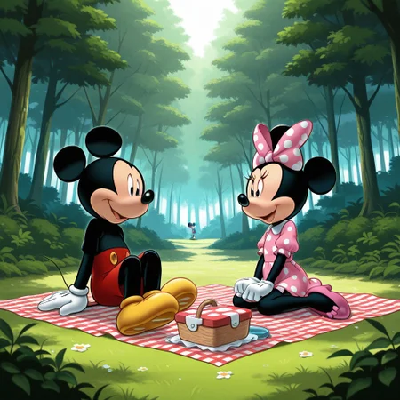 masterpiece, best quality, micknie, (1boy, mickey_m), break, (1girl, minnie_m, hairbow, dress), sitting, picnic, forest, natural lighting