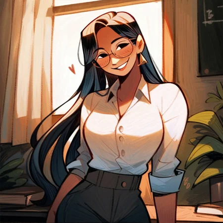 score_9, score_8_up, score_7_up, source_cartoon, solo, 1girl, long hair, black hair, black eyes, glasses, smile, looking at viewer, medium breasts, tall woman, right hand through hair, teacher, casual clothes, house background, best quality, detailed, masterpiece, Expressiveh